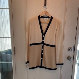 St John Collection Knit V-Neck Blazer, Tan/Cream/Black, Size M